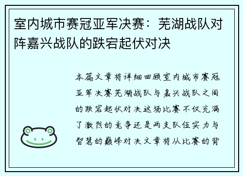 室内城市赛冠亚军决赛：芜湖战队对阵嘉兴战队的跌宕起伏对决